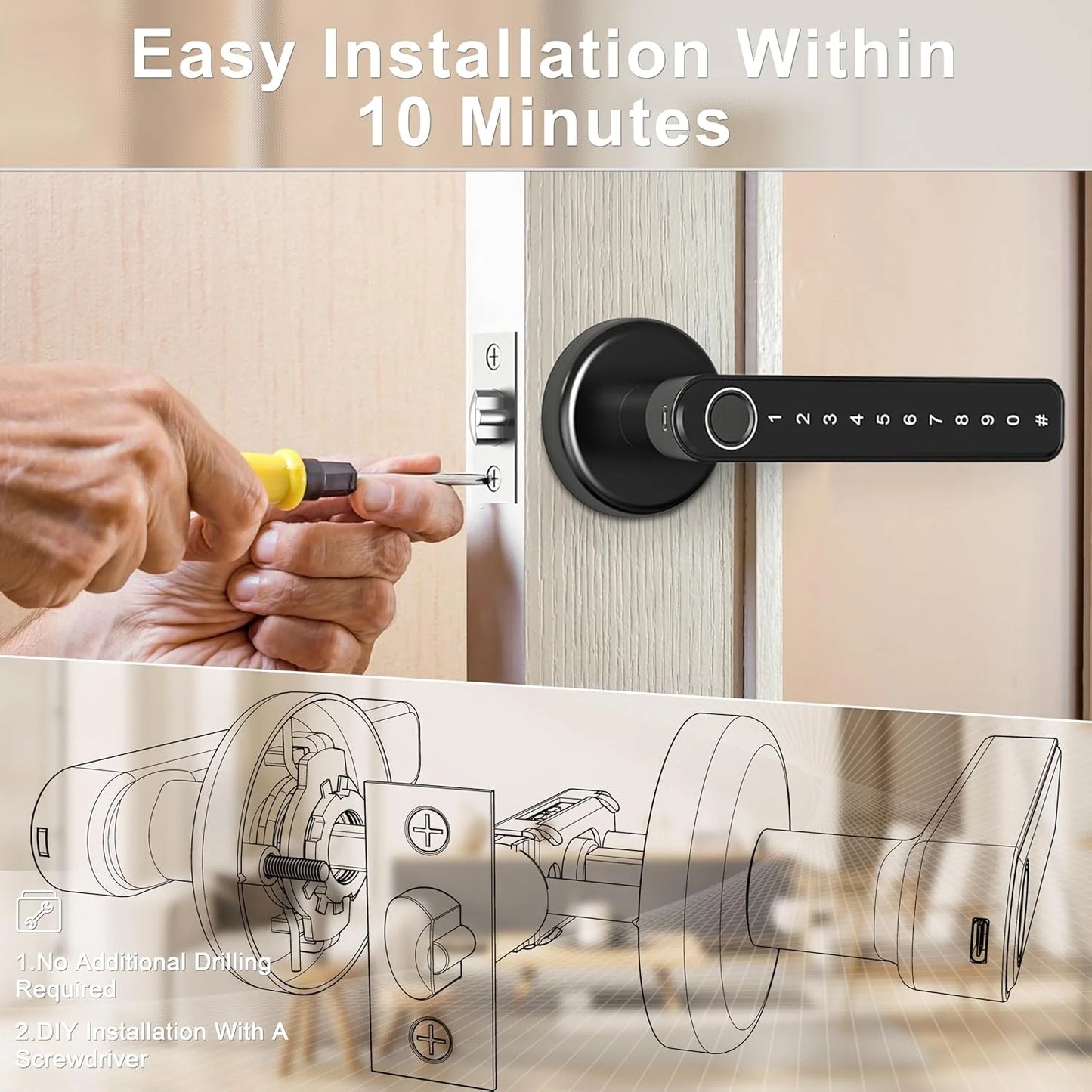 keyless entry fingerprint smart door lock with app and backup key