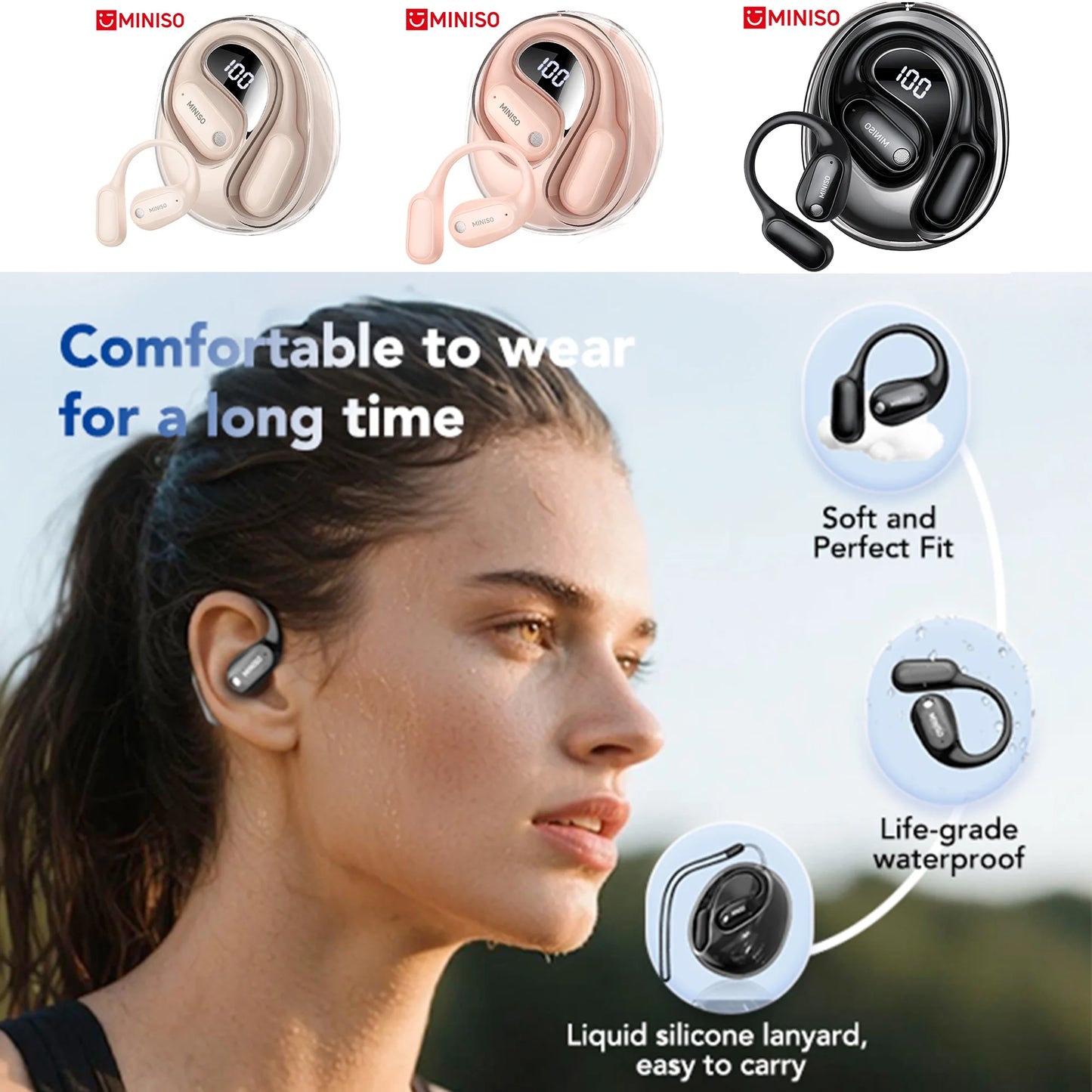 ms190 wireless earbuds open ear headphones sports, bluetooth earbuds 6.0, 48h support 135 ai languages translator earbuds ipx6 waterproof,black