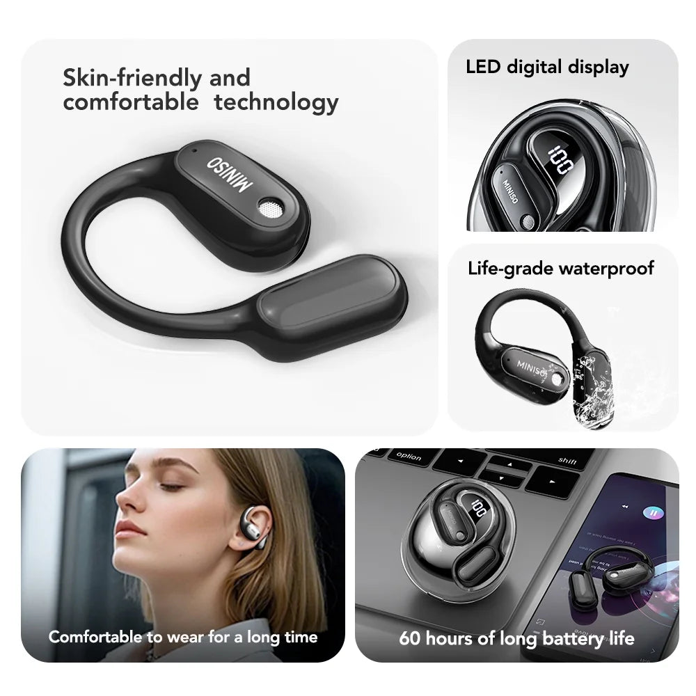 ms190 wireless earbuds open ear headphones sports, bluetooth earbuds 6.0, 48h support 135 ai languages translator earbuds ipx6 waterproof,black