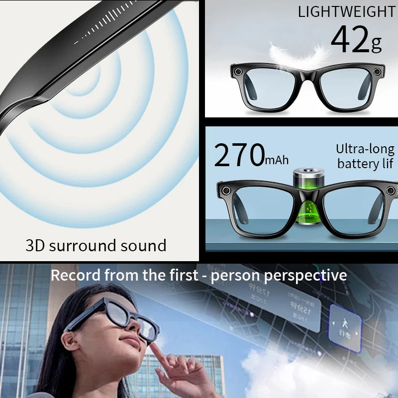 800W HD AI Smart Glasses with Camera Record Video Bluetooth Call Voice Assistant Translate Sunglasses Color-Changing Lenses