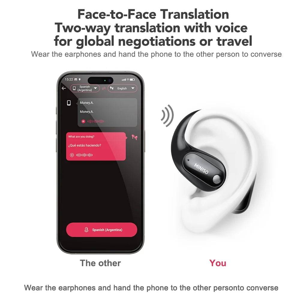 ms190 wireless earbuds open ear headphones sports, bluetooth earbuds 6.0, 48h support 135 ai languages translator earbuds ipx6 waterproof,black
