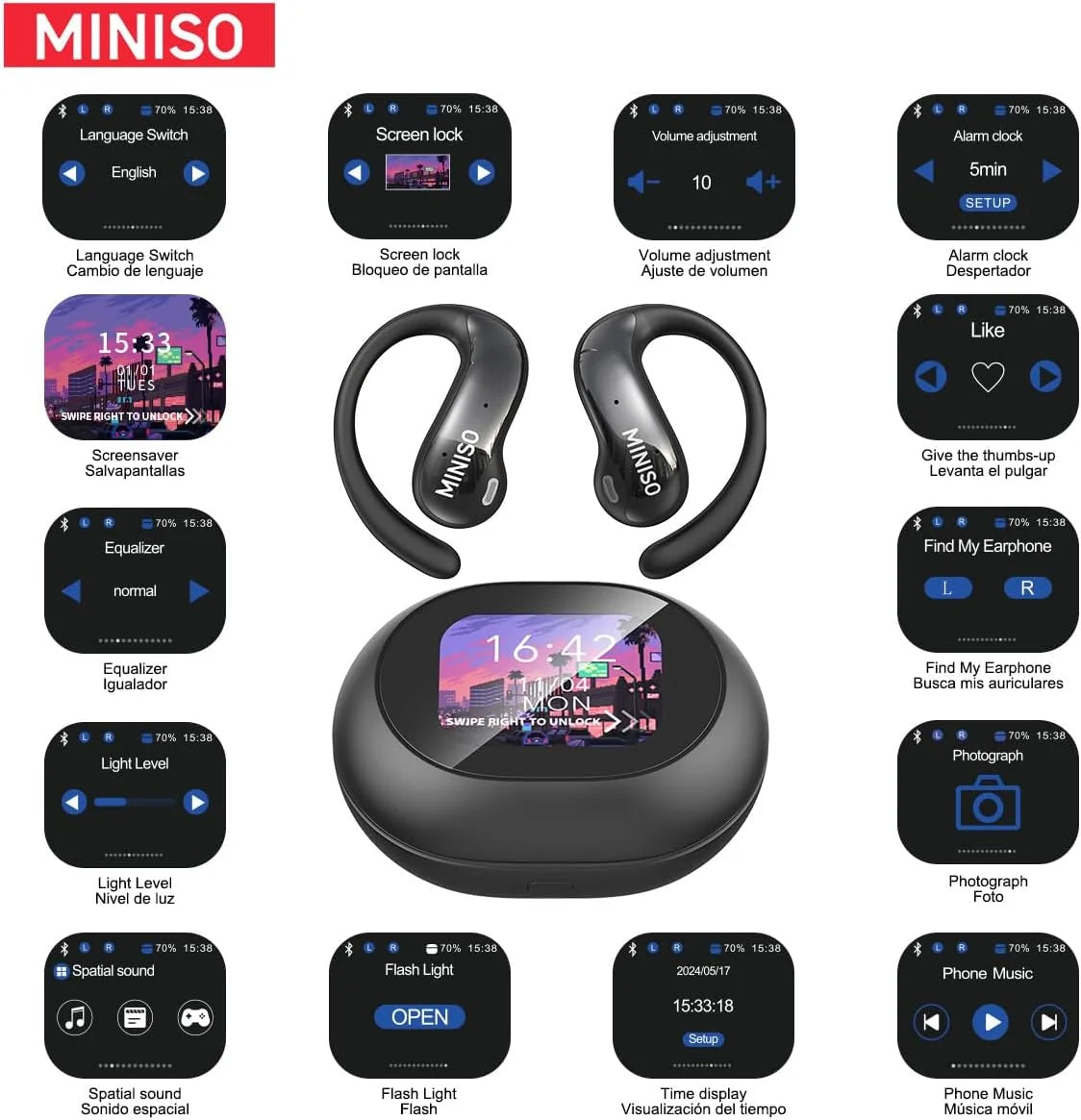 MS188 Language Translator Earbuds Real Time AI Translator Earbuds LCD Touchscreen Bluetooth Earbuds