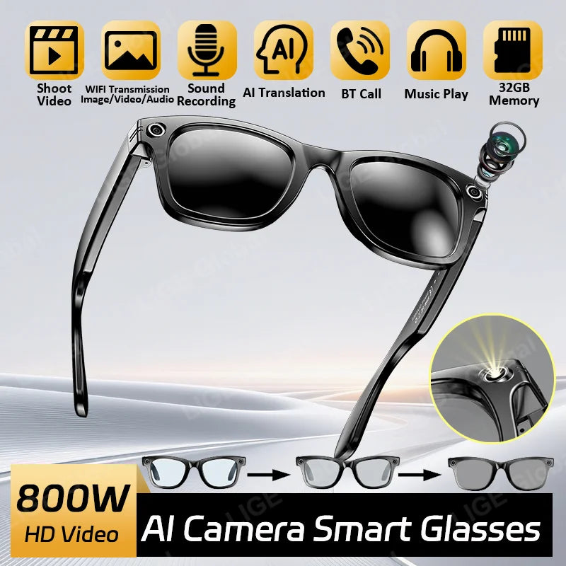 800W HD AI Smart Glasses with Camera Record Video Bluetooth Call Voice Assistant Translate Sunglasses Color-Changing Lenses