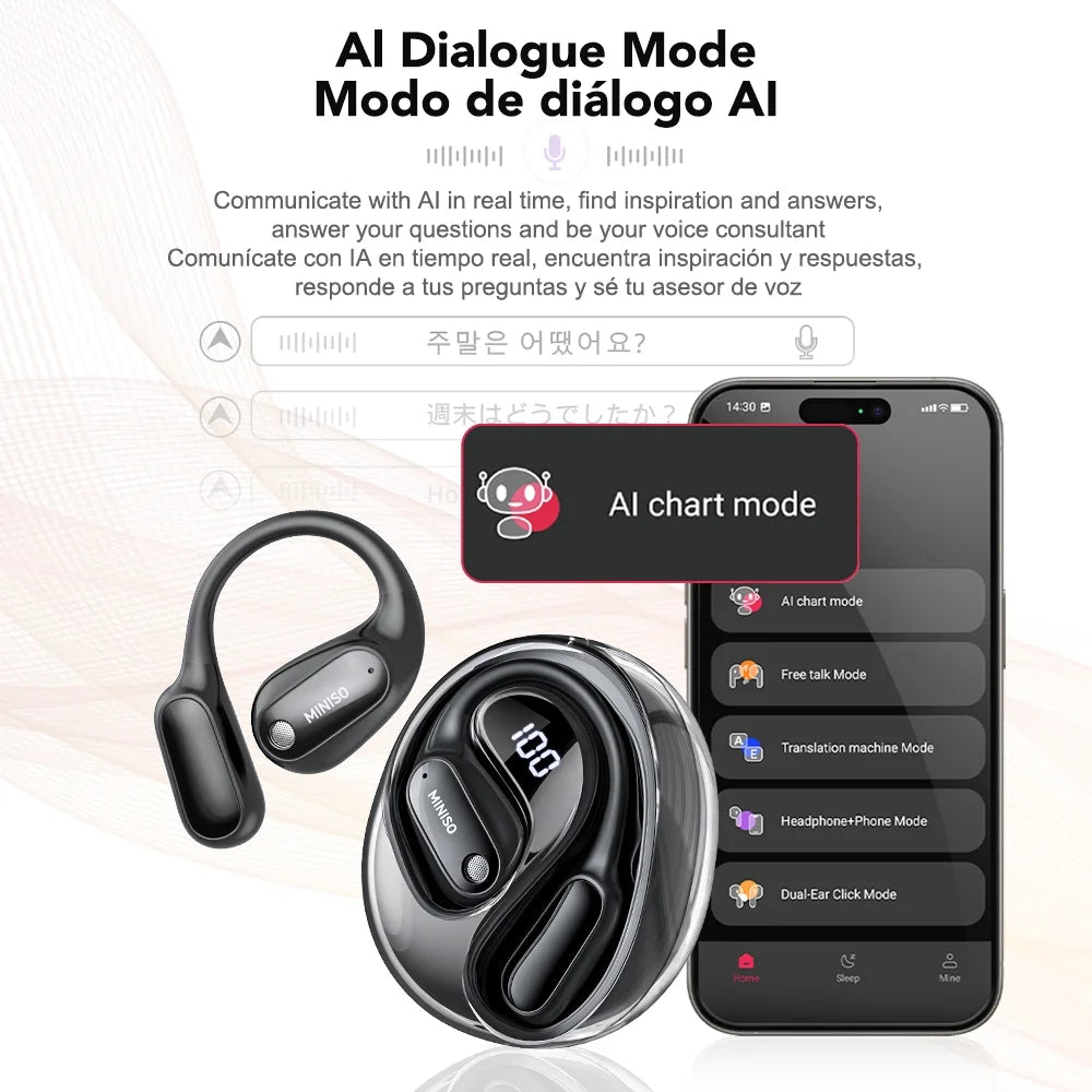MS190 Wireless Earbuds Open Ear Headphones Sports, Bluetooth Earbuds 6.0, 48H Support 135 AI Languages Translator Earbuds IPX6 Waterproof,Black