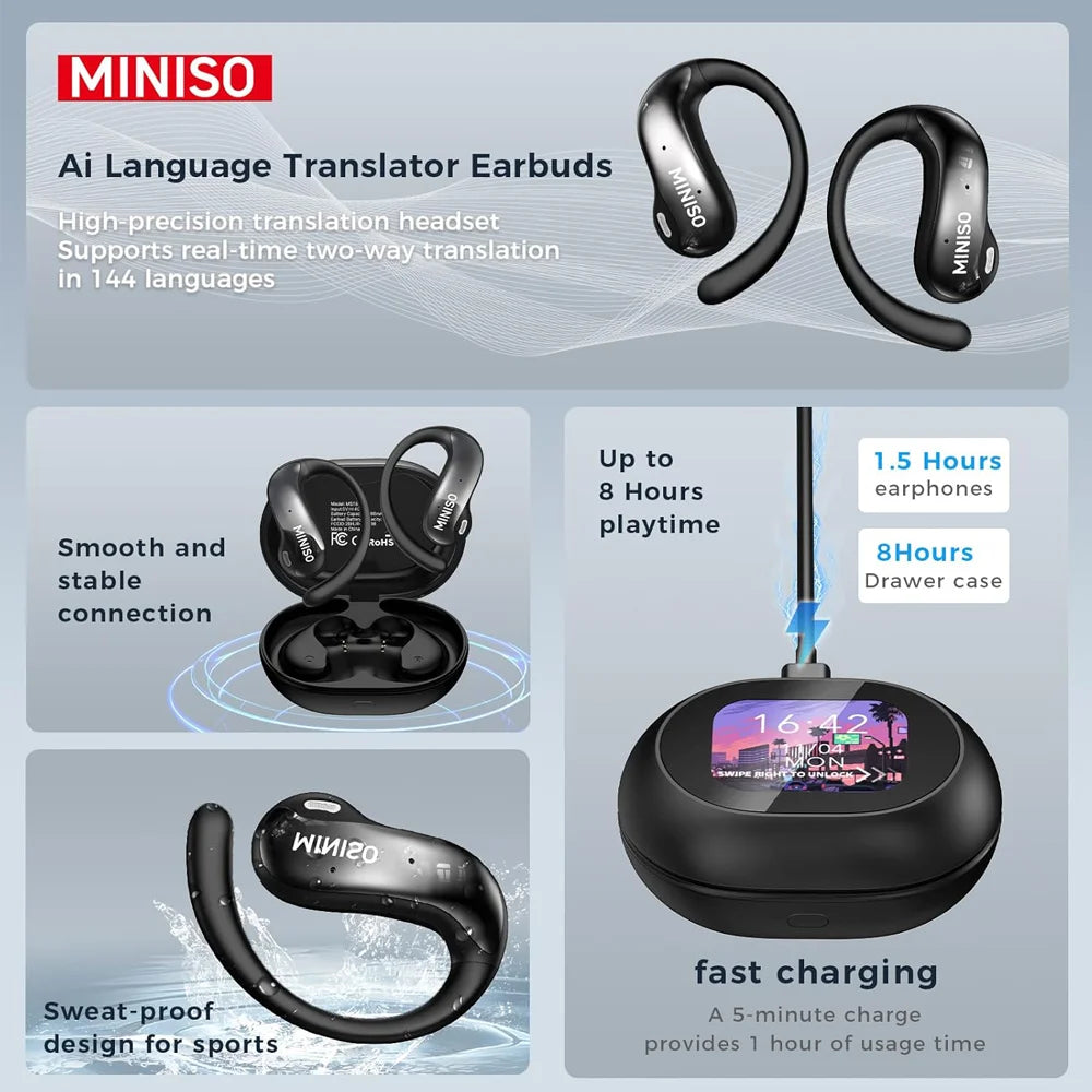 MS188 Language Translator Earbuds Real Time AI Translator Earbuds LCD Touchscreen Bluetooth Earbuds