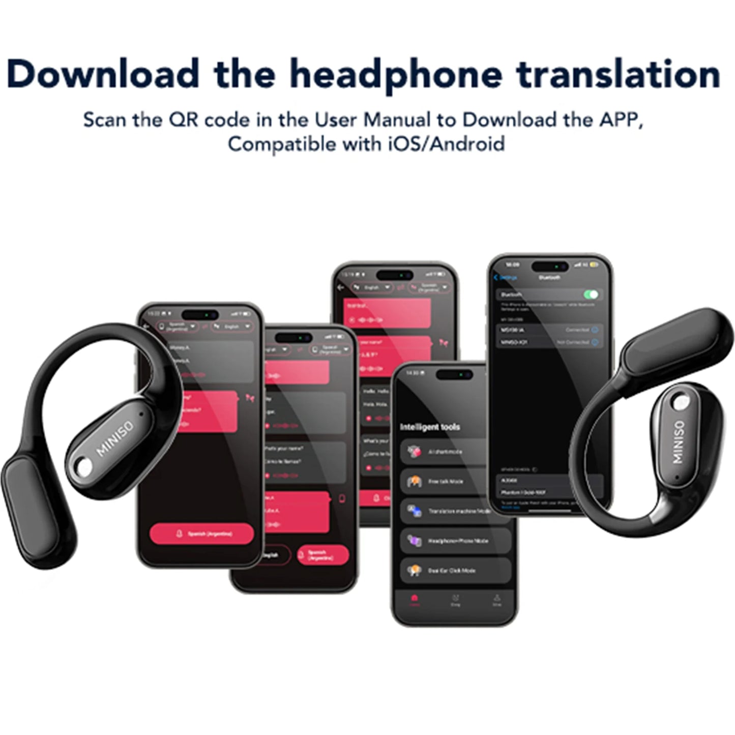 ms190 wireless earbuds open ear headphones sports, bluetooth earbuds 6.0, 48h support 135 ai languages translator earbuds ipx6 waterproof,black